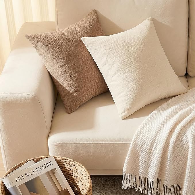 Set of 4 Neutral Throw Pillow Covers 16x16 Inch, Neutral Boho Farmhouse Aesthetic Decorative Pillow Cases for Couch, Sofa, Living Room & Bed, Soft Chenille Pillow Cases, Stylish Home Decor, 40x40 cm