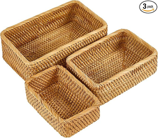 Natural Rectangular Rattan Storage Baskets (Set of 3), Hand Woven Food and Fruit Serving Baskets, Wicker Organizer for Living Room, Bedroom, Kitchen