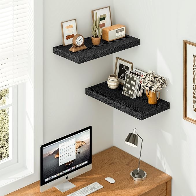 Vivelove Black Floating Shelves 23.6 Inches Wide, 12" Deep Wall Shelves for Bedroom, Bathroom, Living Room, Kitchen, Office, Rustic Home Decor Shelf with Invisible Brackets, 23.6X12X 1.5, Set of 2
