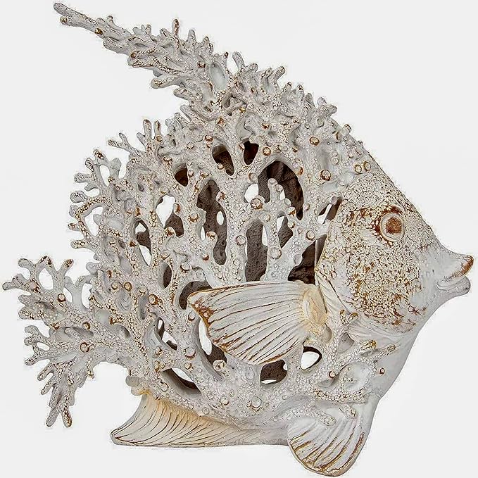 Ocean Decor White Coral Reef Angelfish Sculpture Beach Home Decor Coastal Coral Look Tabletop Collection 11 in x 10 in