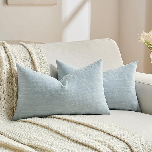 FUTEI Grey Blue Chenille Decorative Throw Pillow Covers 12x20 Inch Set of 2,Soft Crushed Striped Texture Lumbar Pillow Cases,Modern Home Decor for Couch Bed Living Room