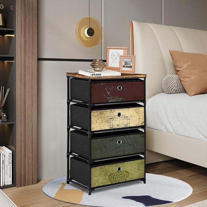 Nightstand with 4 Drawers, Clothes Storage Organizer, Small Fabric Dresser for Bedroom, Closet, Entryway, Hallway, Nursery, Dorm