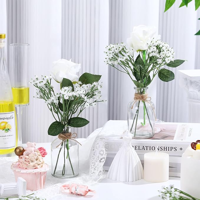 10 Set Glass Bud Vases Centerpiece with Artificial Flowers for Table Decor 10 Small Clear Glass Vase 10 White Roses 30 Baby Breath for Wedding Bridal Shower Home Rustic Farmhouse Decor
