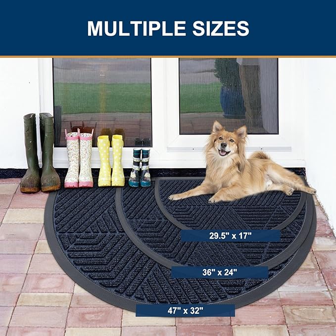 Smiry Half Circle Front Door Mat Outside Entrance, Heavy Duty Sturdy Natural Rubber Doormat, Trap Dirt and Moisture, Low Profile Mats for Indoor Outdoor Entry, Irregular Triangle (29.5x17, Navy Blue)