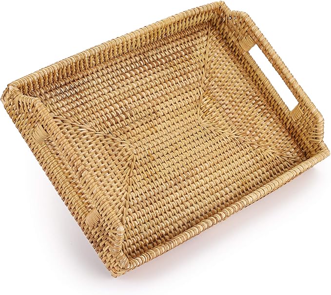 Hipiwe Rattan Serving Tray with Handles - Hand-Woven Decorative Tray for Storage Breakfast, Drinks, Snack,Rectangular Basket Organizer Tray for Coffee Table, Home Decor (Medium)