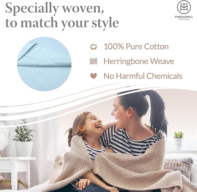 Threadmill Luxury Cotton Blankets for King Size Bed | All-Season Cozy 100% Cotton King Size Blanket | Herringbone Soft Fall Thermal Blanket fits Cal King Size Bed | Light Blue