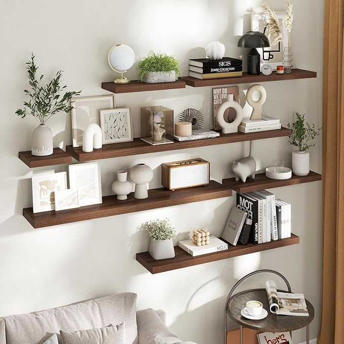 Floating Shelves for Wall with Invisible Brackets, Wall Mounted Engineered Wood Shelves with Wood Grain for Living Room, Bedroom, Bathroom, Kitchen Decor and Storage, Oak, 36"L Set of 2, Walnut