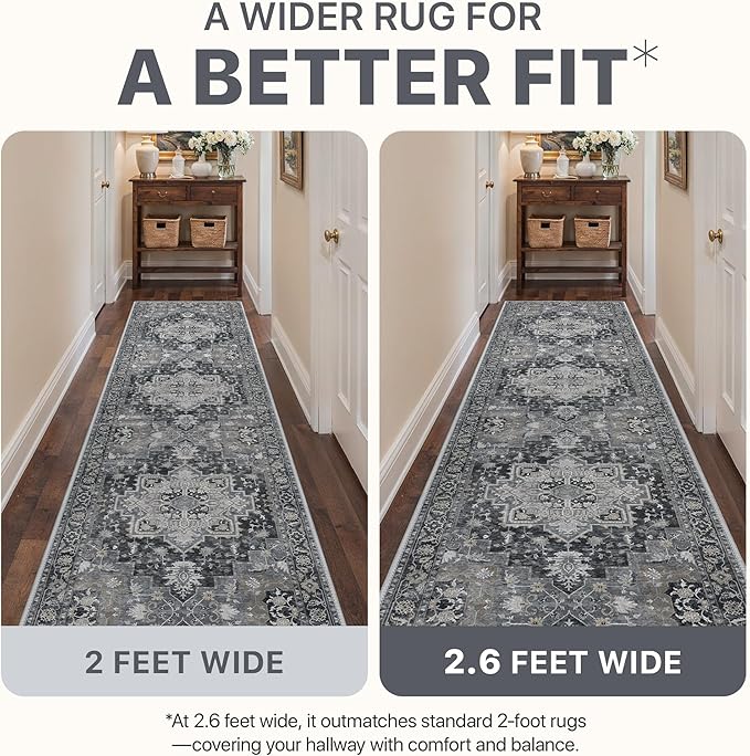 BESBLEE 5x7 Area Rugs for Living Room, Machine Washable Rug, Non Slip Vintage Rugs, Low Pile Lightweight Print Rug for Bedroom, Dining Room, Home Office, Dark Gray