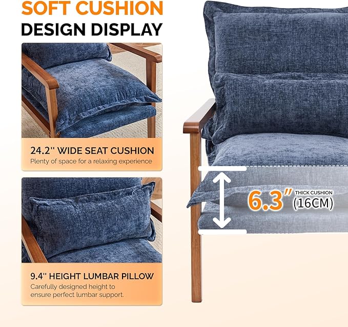 VINGLI Mid-Century Modern Cloud Accent Armchair with Lumbar Pillow, 6.3'' Thick Seat Cushion Comfy Reading Chair with Wooden Armrests，Boho Lounge Chair for Bedroom, Living Room, Chenille, Gray-Blue