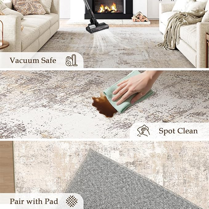 WondRg 5x7 Washable Area Rug Beige Grey Abstract Living Room Bedroom Throw Rug Neutral Modern Non Slip Soft Medium Pile Indoor Carpet for Dining Room Office Entryway