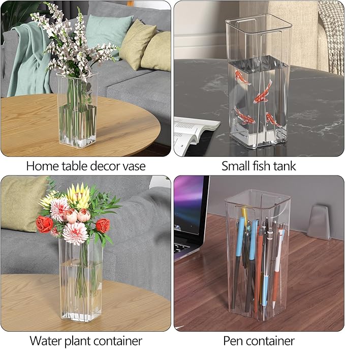 Teyyvn 6 Pack Acrylic Flower Vases for Centerpieces, 9 Inch Clear Plastic Square Vases for Flowers, Home Table Wedding Décor