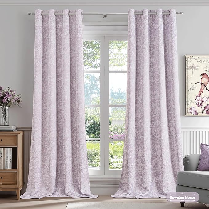 Beauoop Purple Floral Jacquard Blackout Curtains 63 Inches Long 2 Panels for Bedroom Living Room Chenille Flower Room Darkening Thermal Insulated Soundproof Grommet Window Treatments Drapes, 52x63