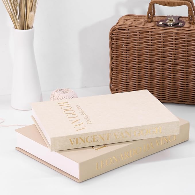 Premium Decorative Books - Set of 2 - Linen Storage Box for Coffee Table Faux Decor Boxes for Bookshelf Fake Books for Decoration for Living Room - Modern Home (Beige & Beige)