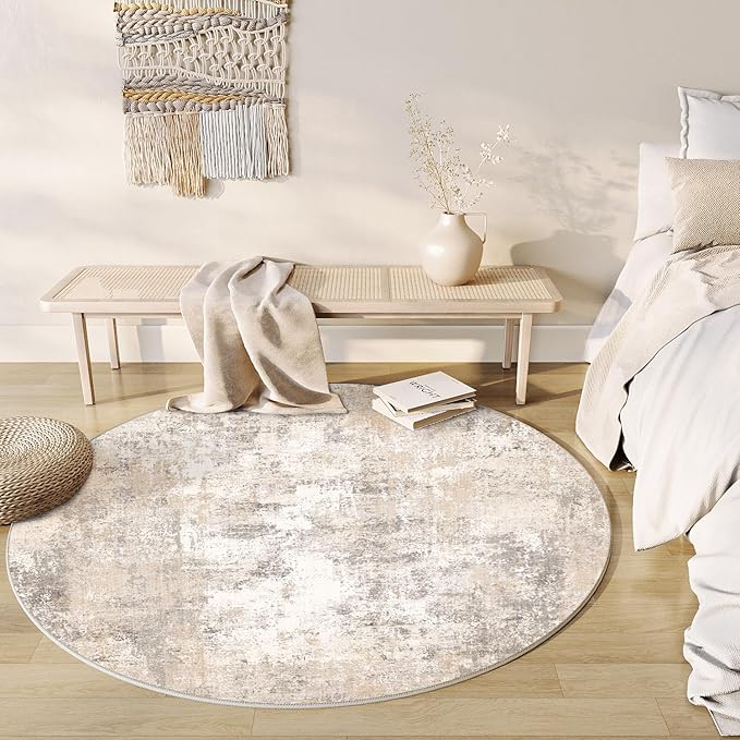 WondRg 5x5 Washable Round Rug Beige Grey Abstract Living Room Bedroom Area Rug Neutral Modern Non Slip Soft Low Pile Indoor Carpet for Dining Room Office Entryway