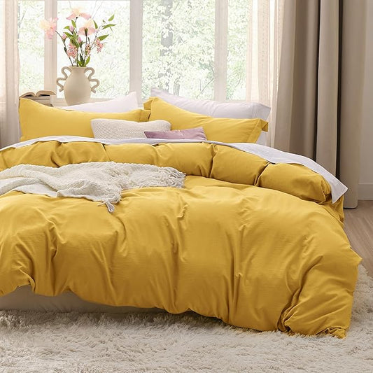 Bedsure Mustard Yellow Duvet Cover Full Size - 3 Pieces Prewashed Extra Soft Cotton-Like Bedding Set, Includes 1 Duvet Cover 80x90 Inches with Zipper Closure & 2 Pillow Shams, Comforter Not Included