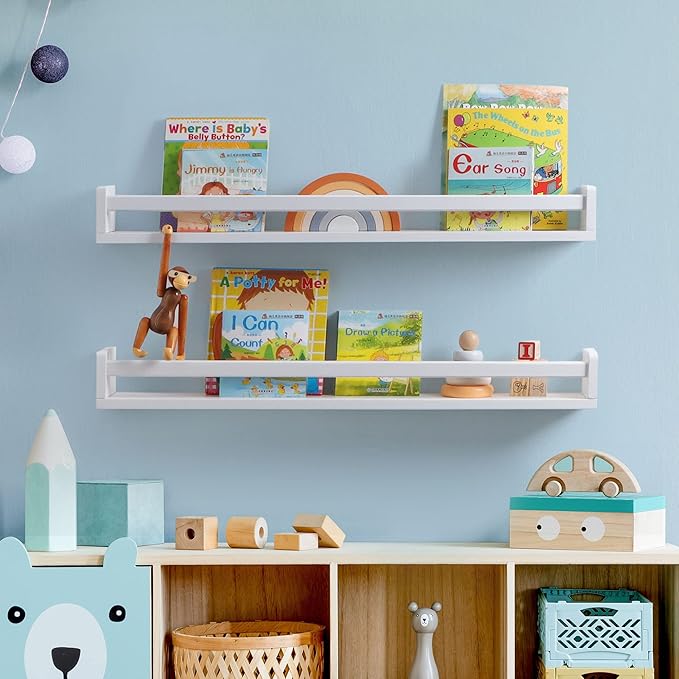 Fun Memories Nursery Book Shelves - Rustic Natural Solid Wood Floating Bookshelf for Kids - Wall Book Shelves for Kids Room (White, 32inch - 4P)