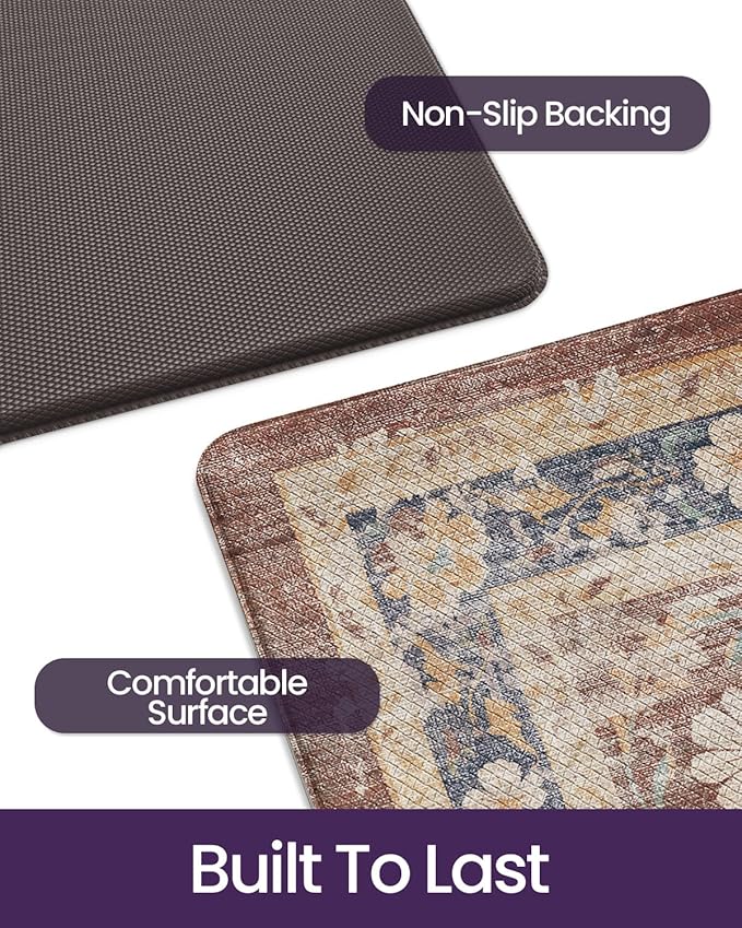 DEXI Kitchen Floor Mats Anti Fatigue, 17x59 Cushioned Vintage Runner Rug Waterproof, Standing Comfort Memory Foam Padded for Front Sink Laundry Office, Reddish Brown