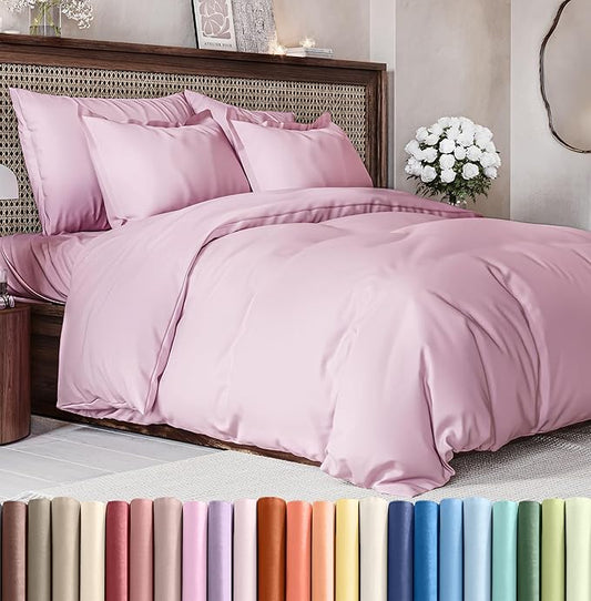 Duvet Cover Cal King Size Set - Extra Soft Cal King Size Duvet Cover 104 x 98 with 2 Pillow Shams - Hotel Luxury Easy Care and Fade Free w/Zipper Closures & Ties - Breathable Bedding Set (Light Pink)