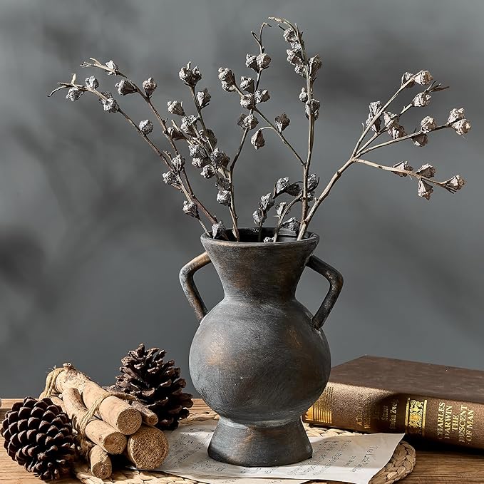 LUKA Antique Ceramic Vase with 2 Handle,9.25 inches Rustic Vase Minimalist Decor, Decorative Vases for Home Decor, Table, Living Room, Shelf, Christmas Decoration(Large,Black and Gold)