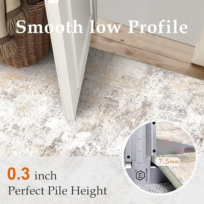 WondRg 3x5 Washable Area Rug Beige Grey Abstract Entryway Office Throw Rug Neutral Modern Non Slip Soft Low Pile Small Carpet for Kitchen Living Room Bedroom Entrance