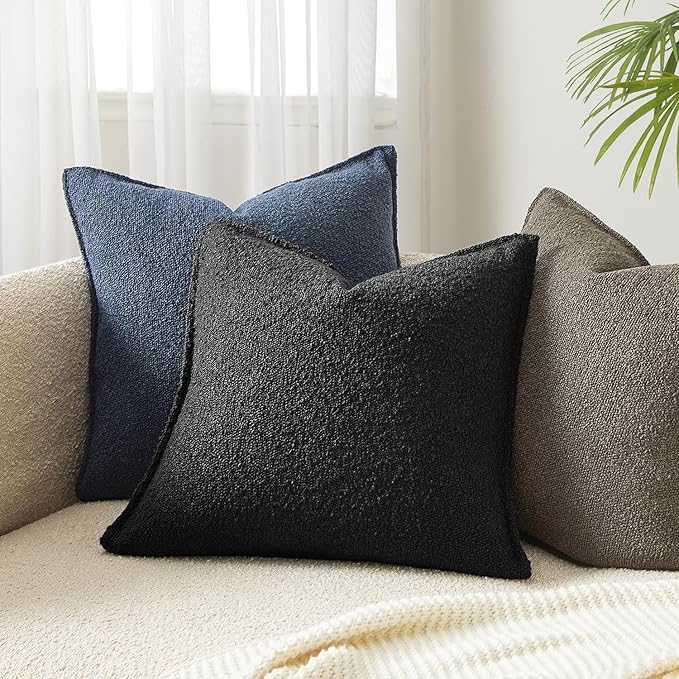 JUSPURBET Black Decorative Pillow Covers 18x18 Set of 2 Throw Pillow Covers for Couch Sofa Bed Cozy Boucle Textured Cushion Covers Cases with Hidden Zipper for Living Room Home Decor