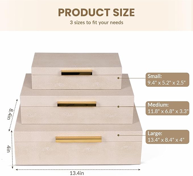 Hanna Roberts Ivory Shagreen Decorative Boxes Set of 3 Faux Leather Jewelry Boxes With Gold Metal Handles For Home Decor Womens Mens Jewelry Organizer