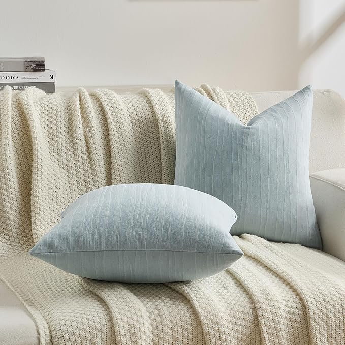 FUTEI Grey Blue Chenille Decorative Throw Pillow Covers 24x24 Inch Set of 2,Soft Crushed Striped Texture European Cushion Case,Modern Home Decor for Couch Bed Living Room