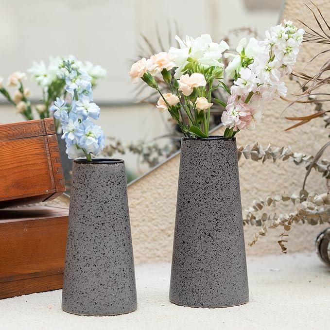 Bdor Ceramic Vase Set of 2, Modern Farmhouse Home Decor, Grey Vase with Polka Dots, Perfect for Dining, Living, Bathroom & Kitchen