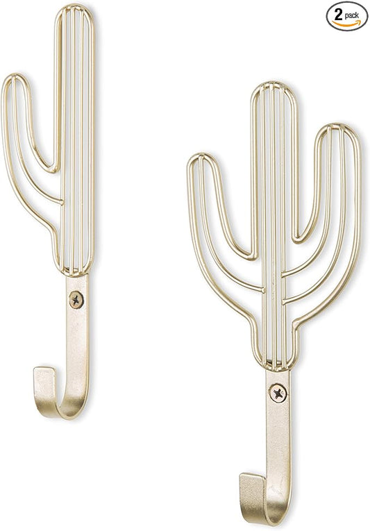 MyGift Wall Mounted Modern Brass Tone Metal Coat Hooks with Wire Saguaro Cactus Matching Shapes for Hanging Hats Coats Towels Leashes Keys, 2 Piece Set