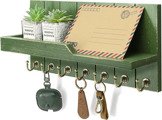 Farmhouse Pine Wood Key Holder Wall Mount - Key Holder for Wall with Floating Shelf Put Mail and Perfume - Rustic Key Hanger for Room Decor Aesthetic and Apartment Essentials (Green,15-inch)