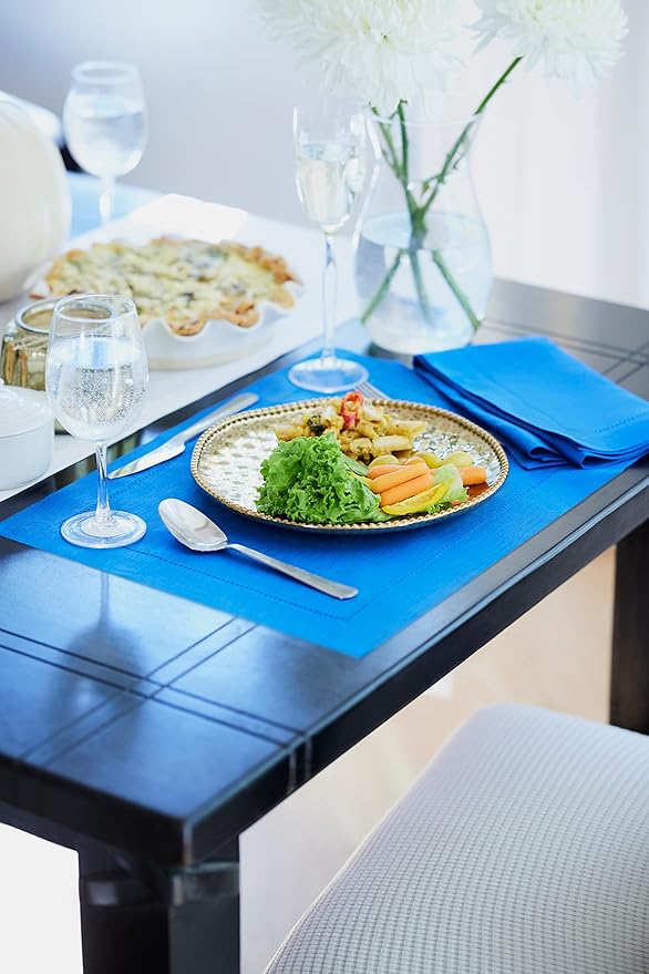 Solino Home Linen Placemats Set of 4 - Classic Hemstitch Royal Blue Placemats 14 x 19 Inch - 100% Pure Linen Table Mats for Winter, Spring