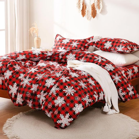 JSD Red Buffalo Plaid Snowflakes Duvet Cover Set King Size, 3 Piece Christmas Winter Printed Microfiber Duvet Comforter Covers