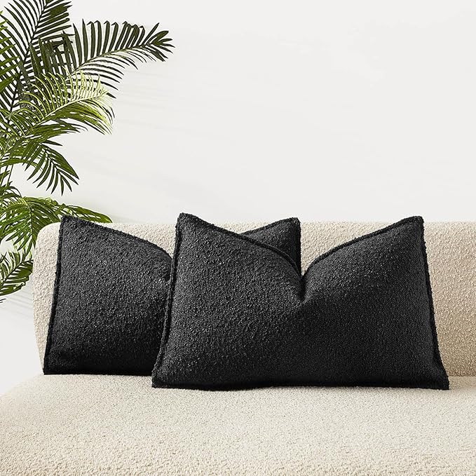 JUSPURBET Black Decorative Pillow Covers 16x24 Set of 2 Throw Pillow Covers for Couch Sofa Bed Cozy Boucle Textured Lumbar Cushion Covers Cases with Hidden Zipper for Living Room Home Decor