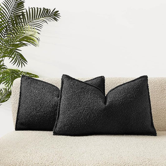 JUSPURBET Black Decorative Pillow Covers 12x20 Set of 2 Throw Pillow Covers for Couch Sofa Bed Cozy Boucle Textured Lumbar Cushion Covers Cases with Hidden Zipper for Living Room Home Decor