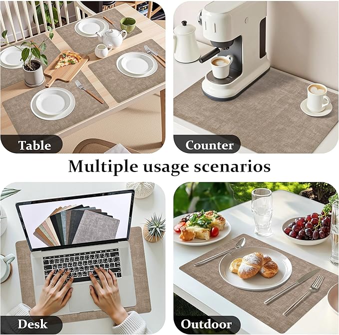 FROMHEART Faux Leather Placemats Set of 12–Waterproof,Heat/Oil Stain-Resistant PU Table Mat–Reversible,Non-Slip,Easy to Clean Place Mats for Kitchen,Dining,Indoor/Outdoor,(Light Coffee,11.8" x 17")