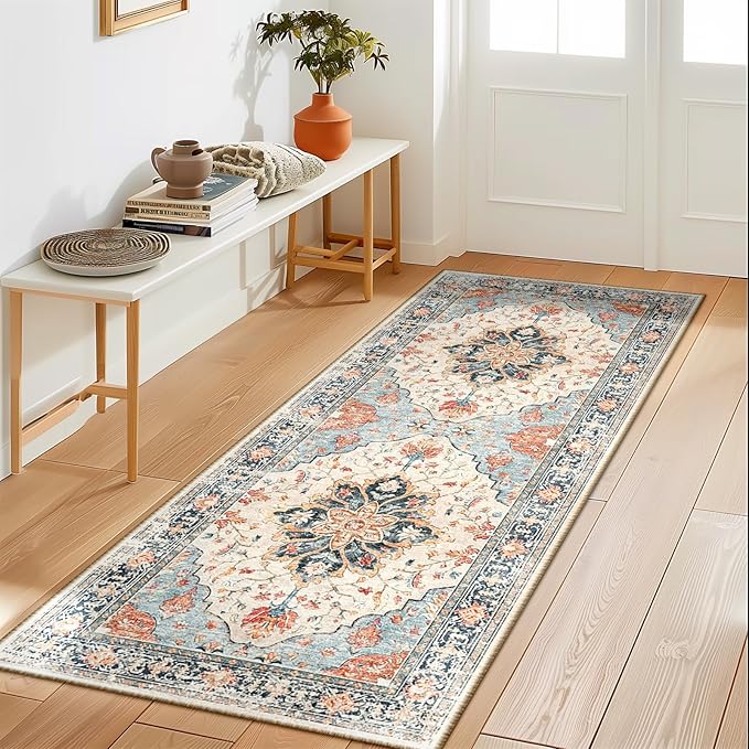 RELEANY Area Rugs 2'x5' Washable Non-Slip, Floral Vintage Distress Print Pattern Medallion Carpet for Living Room Bedroom Dining Room, Beige Navy Blue Orange Colorful
