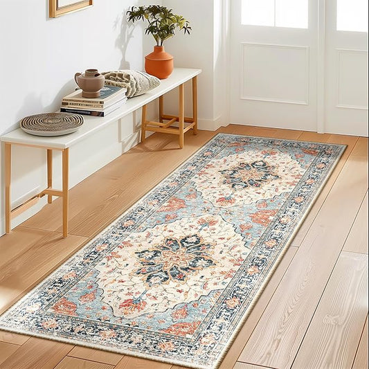 RELEANY Area Rugs 2'x5' Washable Non-Slip, Floral Vintage Distress Print Pattern Medallion Carpet for Living Room Bedroom Dining Room, Beige Navy Blue Orange Colorful
