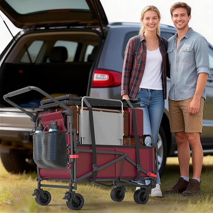 LEVELEVE Heavy Duty Folding Wagon - 2-in-1 Collapsible Cart, 400lb Capacity, All-Terrain Wheels w/Brakes & Side Pockets (Red)