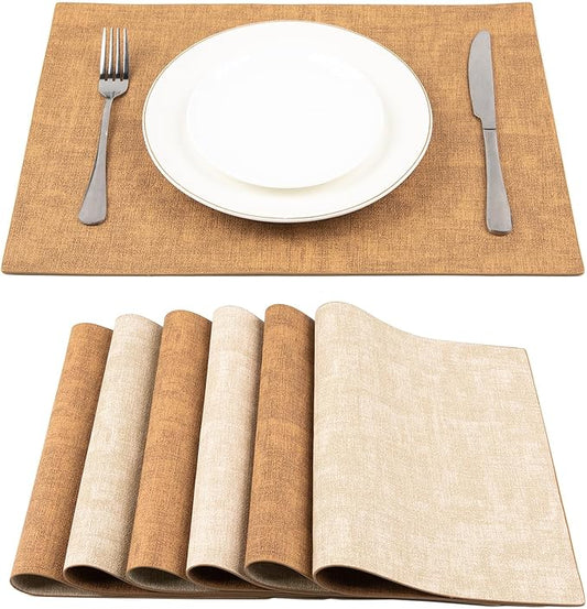 SUEH DESIGN Leather Placemats Set of 6 Reversible Table Mats Heat Resistant Waterproof No-Slip Place Mats for Dining Table Kitchen Parties, Camel and Beige
