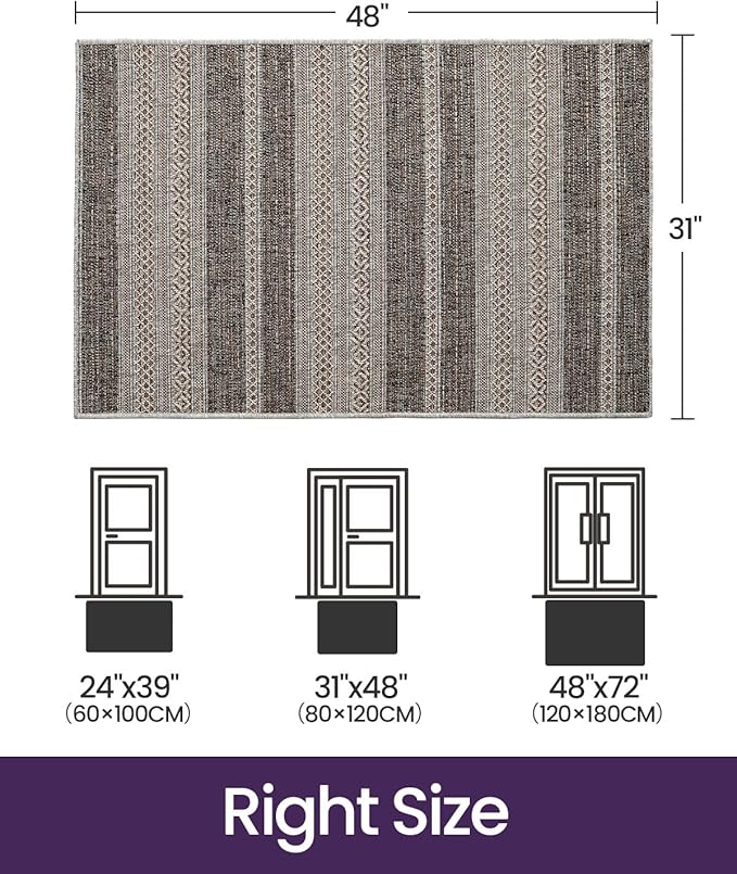 DEXI Dirt Trapper Door Mat, 31x48 Washable Doormat, Dirt Resistant and Absorbent, Easy Clean Low-Profile Floor Rugs for Entryway, Front Door, and Inside Entrance, Striped Brown