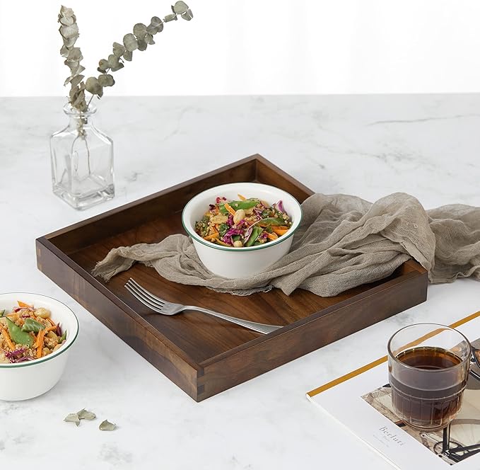12 x 12 inches Large Square Ottoman Tray Wooden Solid Black Walnut Table Platter Decorative Serving Tray for Oversized Ottoman Home Breakfast in Bed Tea Coffee