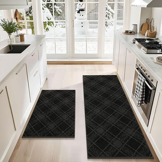 COSY HOMEER Kitchen Rugs and Mats Sets 2PCS Non-Slip Soft Kitchen Mats for Floor Absorbent and Stain Resistant Kitchen Floor Mat Washable Plaid Rugs for Kitchen,24"x36"+24"x60",Black