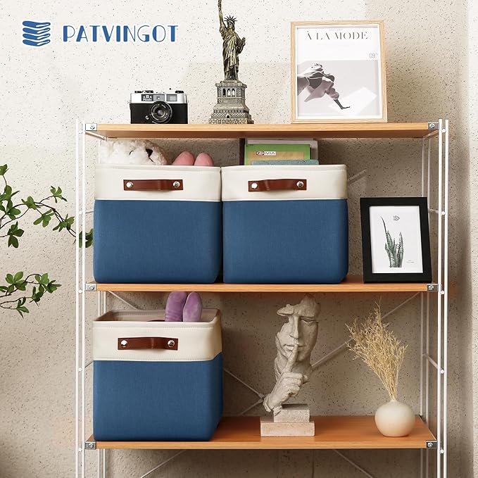 6-Pack Foldable Fabric Storage Cubes 11x11 Inch, Sturdy Cube Organizer Bins with Leather Handles, Storage Baskets for Closet Shelves and Home Organization(White/Blue)