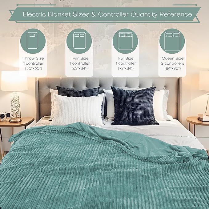 Electric Heated Blanket Full Size 72"x84" with Cozy Flannel, 6 Heat Settings & 10 Hours Auto Off, Soft & Cozy Warming Throw for Home, Office, or Bed, Machine Washable, Bean Green