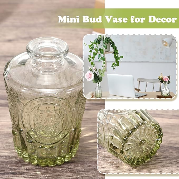 Inbagi 20 Pcs Glass Bud Vase Set - Green Small Flower Vases Bulk, Vintage Embossed Decorative Bottles for Wedding Valentine Home Table Centerpieces Decor