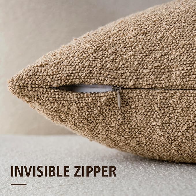 Foindtower Textured Boucle Throw Pillow Covers Accent Solid Pillow Cases Cozy Soft Decorative Couch Cushion Case for Chair Sofa Bedroom Living Room Home Decor, 20 x 20 Inch, Khaki Camel