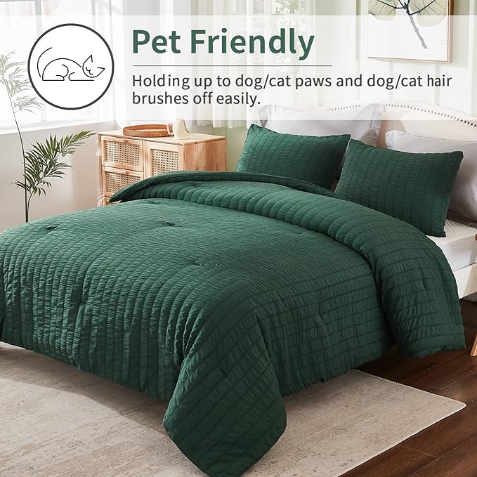 AveLom Dark Green Seersucker Queen Comforter Set (90x90 inches), 3 Pieces-100% Soft Washed Microfiber Lightweight Comforter with 2 Pillowcases, All Season Down Alternative Comforter Set for Bedding