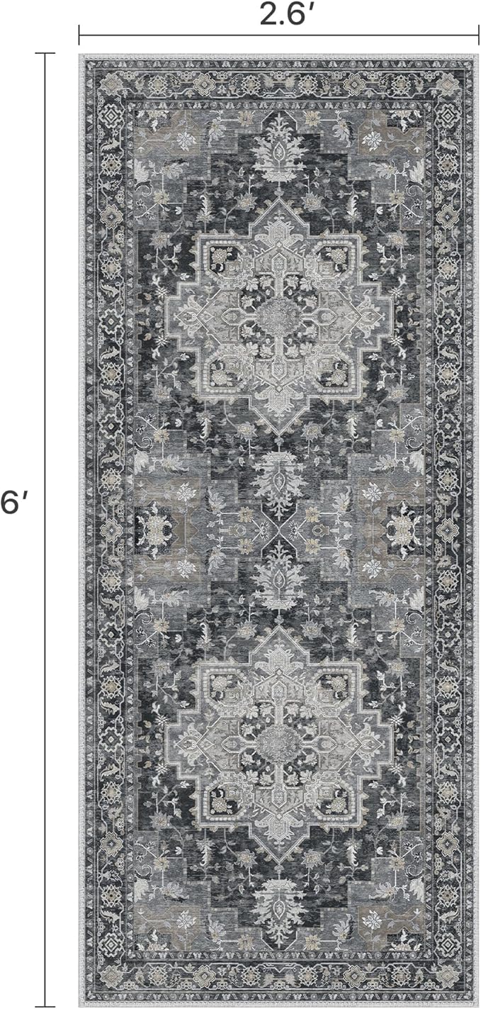 BESBLEE Runner Rug 2'6''x6, Machine Washable Runners, Non Slip Vintage Hallway Runner Rugs, Low Pile Lightweight Mat for Entryway, Hallway, Kitchen and Corridor, Dark Gray