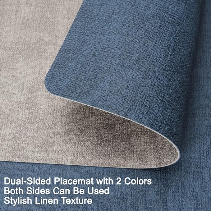 Myir JUN Reversible Vinyl Placemats Set of 6, Faux Leather Place Mats Dual Sided Waterproof Wipeable, Heat-Resistant Table Mats for Kitchen Dining Indoor Outdoor (12" x 17", Light Gray Navy Blue)