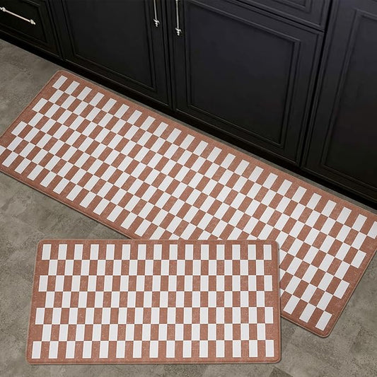FRESHMINT Vintage Checkerboard Anti-Fatigue Mat Set of 2, Cushioned Foam Comfort Mats for Floor, Waterproof Non Slip Kitchen Rug, Modern Decor, Sink, Terracotta